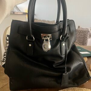 Michael Kors Black Leather Satchel with Silver-Tone Padlock